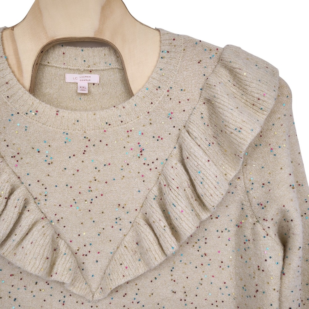Lauren Conrad Women's Sweater XXL Cream Confetti Sparkle Ruffle Neck Chic Glam‎